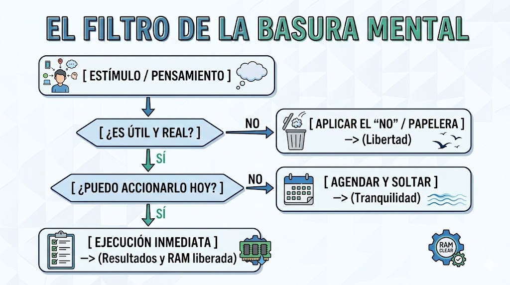 Diagrama de flujo sobre el filtro de la basura mental: una guía visual para gestionar pensamientos intrusivos, descartar lo inútil y priorizar la ejecución inmediata para liberar carga mental. Diagrama de flujo sobre el filtro de la basura mental: una guía visual para gestionar pensamientos intrusivos, descartar lo inútil y priorizar la ejecución inmediata para liberar carga mental.