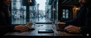 Manos sobre una mesa con tazas de café y un teléfono, vista de una ventana lluviosa.