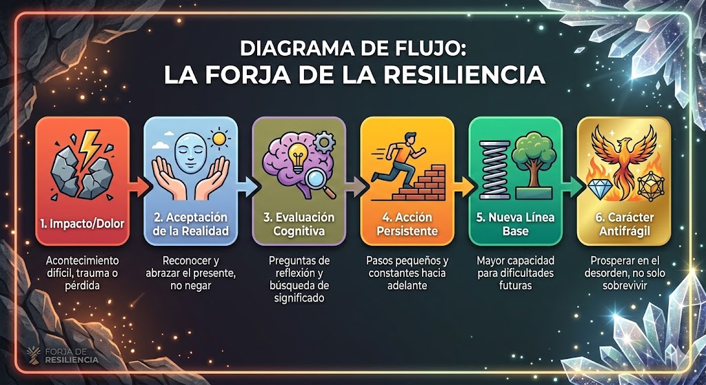 Una infografía titulada "DIAGRAMA DE FLUJO: LA FORJA DE LA RESILIENCIA" que detalla un proceso de seis pasos enmarcados en un diseño de cristal oscuro. Los pasos son: 1. Impacto/Dolor (icono de rayo y piedras rotas; texto: "Acontecimiento difícil, trauma o pérdida"); 2. Aceptación de la Realidad (icono de cara con manos abiertas y sol; texto: "Reconocer y abrazar el presente, no negar"); 3. Evaluación Cognitiva (icono de cerebro con engranaje, lupa y bombilla; texto: "Preguntas de reflexión y búsqueda de significado"); 4. Acción Persistente (icono de persona corriendo por escaleras; texto: "Pasos pequeños y constantes hacia adelante"); 5. Nueva Línea Base (icono de resorte comprimido y árbol robusto; texto: "Mayor capacidad para dificultades futuras"); 6. Carácter Antifrágil (icono de fénix y diamante; texto: "Prosperar en el desorden, no solo sobrevivir"). Un pequeño logo "FORJA DE RESILIENCIA" está en la esquina inferior izquierda. Una infografía titulada "DIAGRAMA DE FLUJO: LA FORJA DE LA RESILIENCIA" que detalla un proceso de seis pasos enmarcados en un diseño de cristal oscuro. Los pasos son: 1. Impacto/Dolor (icono de rayo y piedras rotas; texto: "Acontecimiento difícil, trauma o pérdida"); 2. Aceptación de la Realidad (icono de cara con manos abiertas y sol; texto: "Reconocer y abrazar el presente, no negar"); 3. Evaluación Cognitiva (icono de cerebro con engranaje, lupa y bombilla; texto: "Preguntas de reflexión y búsqueda de significado"); 4. Acción Persistente (icono de persona corriendo por escaleras; texto: "Pasos pequeños y constantes hacia adelante"); 5. Nueva Línea Base (icono de resorte comprimido y árbol robusto; texto: "Mayor capacidad para dificultades futuras"); 6. Carácter Antifrágil (icono de fénix y diamante; texto: "Prosperar en el desorden, no solo sobrevivir"). Un pequeño logo "FORJA DE RESILIENCIA" está en la esquina inferior izquierda.