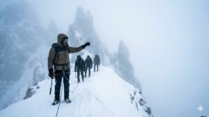 Grupo de escaladores avanzando por una cresta nevada en condiciones de niebla.