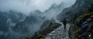 Sendero de piedra en un paisaje montañoso con un excursionista