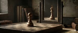 Tablero de ajedrez con un peón reflejado en un espejo