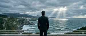 Hombre frente al océano con rayos de sol entre nubes.