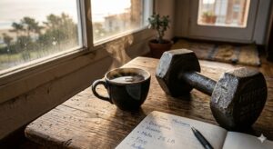 Vaso de café, peso de 25 libras y libreta sobre una mesa de madera.