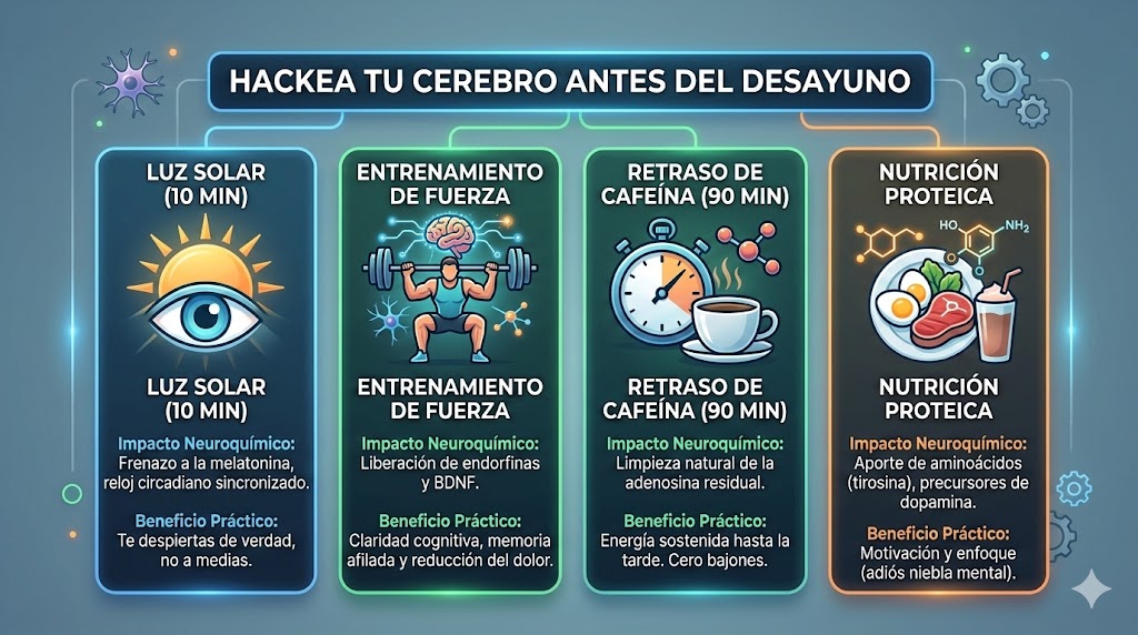 Infografía sobre el hackeo neuroquímico matutino: beneficios de la luz solar, el entrenamiento de fuerza, el retraso de la cafeína y la nutrición proteica para maximizar la energía mental antes del desayuno. Infografía sobre el hackeo neuroquímico matutino: beneficios de la luz solar, el entrenamiento de fuerza, el retraso de la cafeína y la nutrición proteica para maximizar la energía mental antes del desayuno.