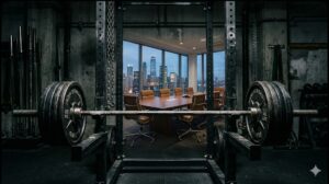 Barras de pesas en un gimnasio con vista a la ciudad