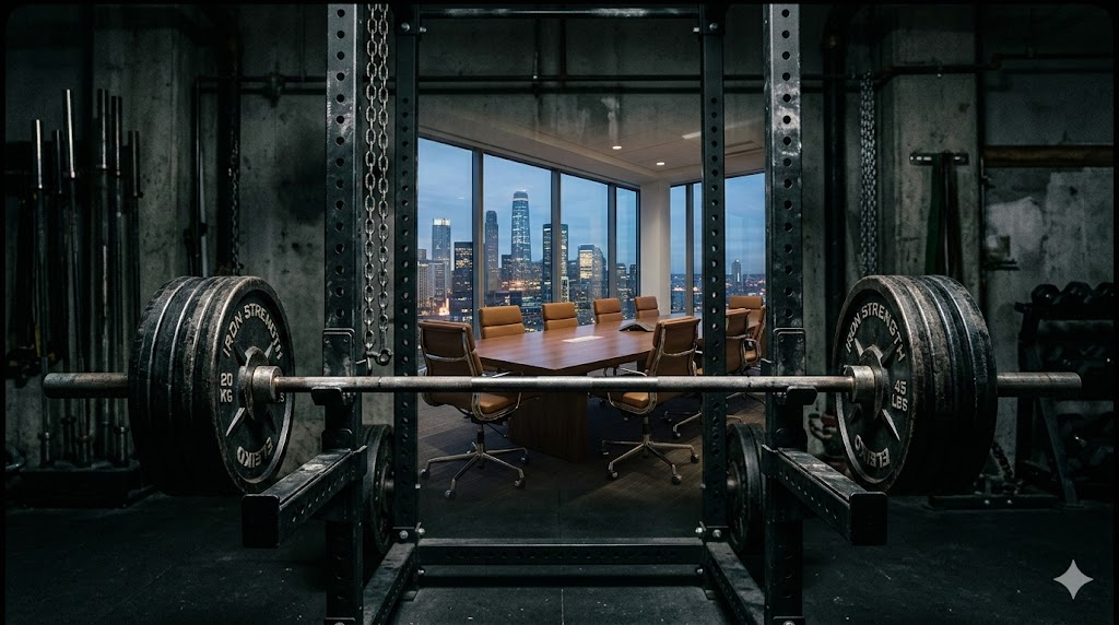 Barras de pesas en un gimnasio con vista a la ciudad