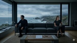Pareja sentada en un sofá con vista al mar a través de un gran ventanal.