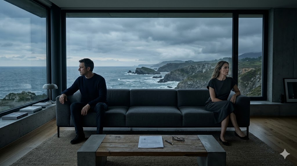 Pareja sentada en un sofá con vista al mar a través de un gran ventanal.