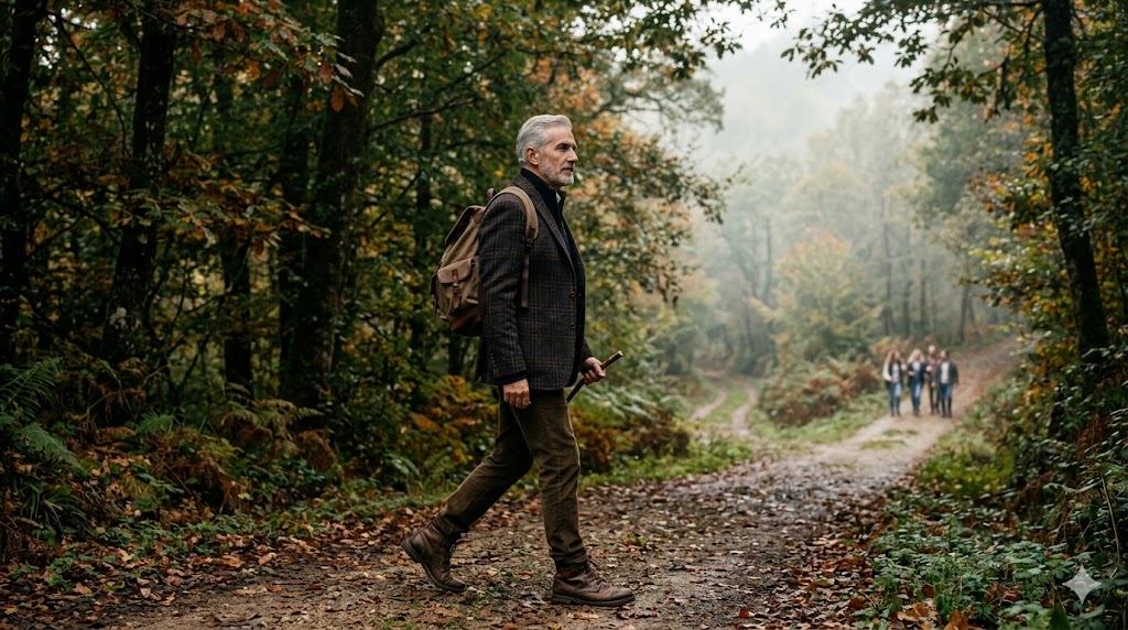 Hombre mayor camina en un bosque con un bastón.
