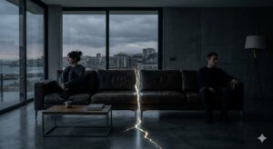 Mujer y hombre en un sofá con separación luminosa entre ellos.