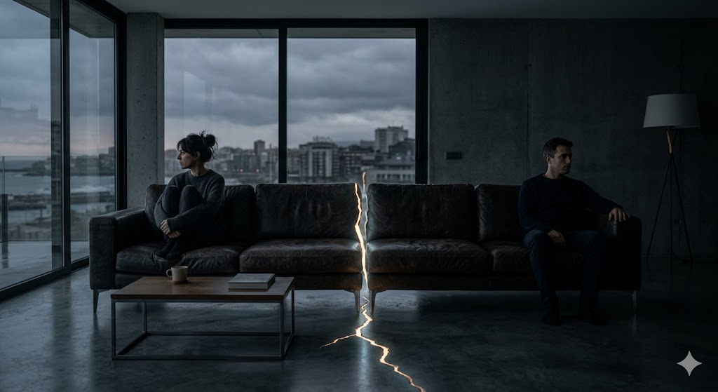 Mujer y hombre en un sofá con separación luminosa entre ellos.