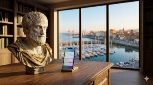 Busto de mármol y un smartphone sobre una mesa con vista al puerto.