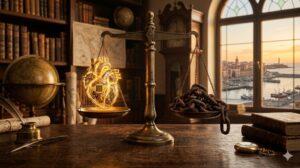 Balanza con corazón iluminado y cadenas en un escritorio