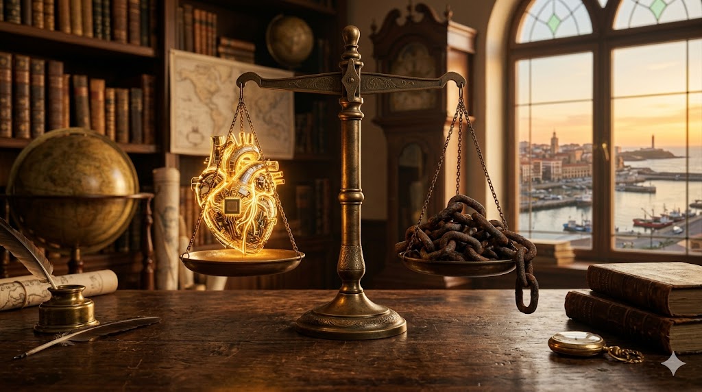 Balanza con corazón iluminado y cadenas en un escritorio