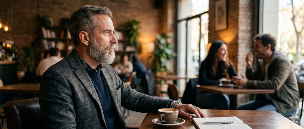 Hombre en café con taza de café y libreta