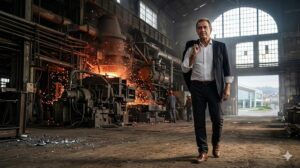 Hombre caminando en un sitio industrial con chispas y maquinaria