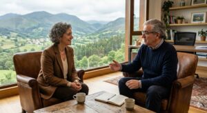 Dos personas conversando en un salón con vistas a montañas.