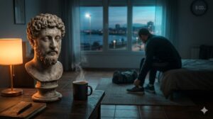 Busto de mármol y hombre preparándose en habitación