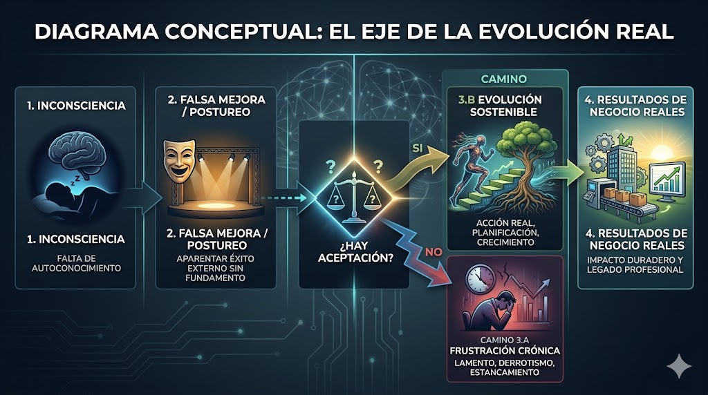 Diagrama conceptual sobre el eje de la evolución real. Muestra el flujo desde la Inconsciencia hacia la Falsa Mejora (Postureo), llegando a la pregunta clave: '¿Hay Aceptación?'. Si la respuesta es NO, conduce a la Frustración Crónica; si es SÍ, lleva a la Evolución Sostenible, que culmina en Resultados de Negocio Reales. Diagrama conceptual sobre el eje de la evolución real. Muestra el flujo desde la Inconsciencia hacia la Falsa Mejora (Postureo), llegando a la pregunta clave: '¿Hay Aceptación?'. Si la respuesta es NO, conduce a la Frustración Crónica; si es SÍ, lleva a la Evolución Sostenible, que culmina en Resultados de Negocio Reales.