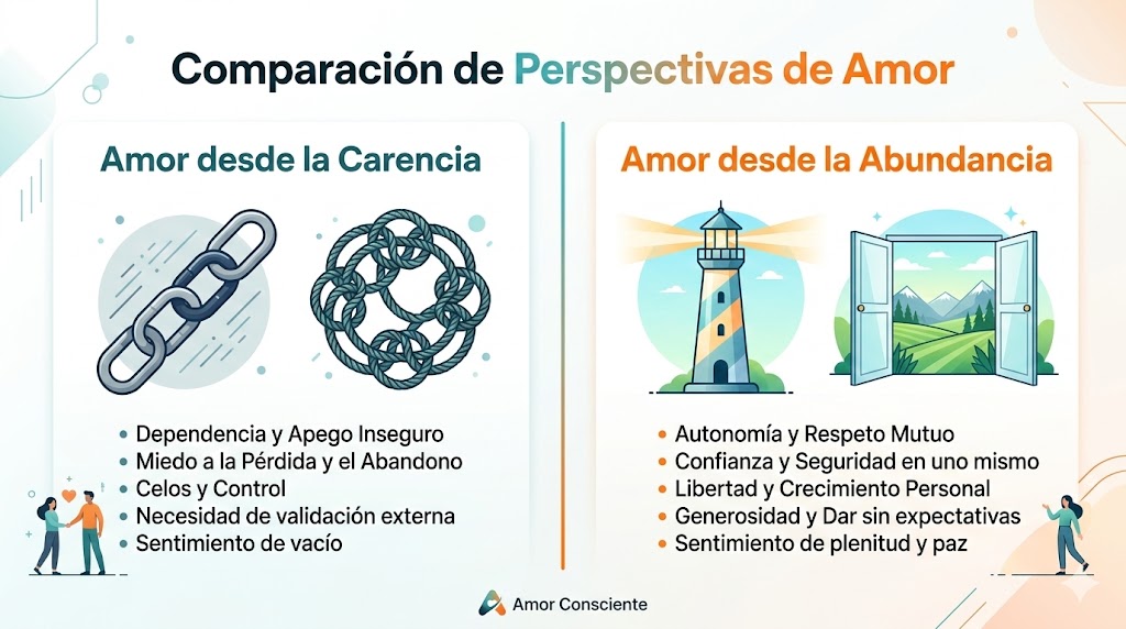 Infografía comparativa entre la dependencia emocional y la plenitud en el amor consciente. Infografía comparativa entre la dependencia emocional y la plenitud en el amor consciente.