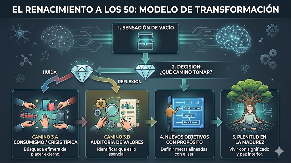 Infografía profesional del 'Diagrama: El Renacimiento a los 50: Modelo de Transformación'. Muestra el proceso desde la '1. SENSACIÓN DE VACÍO' (icono de silueta vacía), pasando por la '2. DECISIÓN: ¿QUÉ CAMINO TOMAR?' que se bifurca en 'HUIDA' hacia 'CAMINO 3.A CONSUMISMO / CRISIS TÍPICA' (icono de manos agarrando lujo, 'Búsqueda efímera de placer externo') y 'REFLEXIÓN' hacia 'CAMINO 3.B AUDITORÍA DE VALORES' (icono de manos con lupa sobre valores, 'Identificar qué es lo esencial'), continuando por '4. NUEVOS OBJETIVOS CON PROPÓSITO' (icono de persona viendo blueprint de propósito, 'Definir metas alineadas con el ser') hasta '5. PLENITUD EN LA MADUREZ' (icono de persona serena bajo árbol antiguo, 'Vivir con significado y paz interior'). Una ilustración moderna para el blog de Jose Ignacio Mendez. Infografía profesional del 'Diagrama: El Renacimiento a los 50: Modelo de Transformación'. Muestra el proceso desde la '1. SENSACIÓN DE VACÍO' (icono de silueta vacía), pasando por la '2. DECISIÓN: ¿QUÉ CAMINO TOMAR?' que se bifurca en 'HUIDA' hacia 'CAMINO 3.A CONSUMISMO / CRISIS TÍPICA' (icono de manos agarrando lujo, 'Búsqueda efímera de placer externo') y 'REFLEXIÓN' hacia 'CAMINO 3.B AUDITORÍA DE VALORES' (icono de manos con lupa sobre valores, 'Identificar qué es lo esencial'), continuando por '4. NUEVOS OBJETIVOS CON PROPÓSITO' (icono de persona viendo blueprint de propósito, 'Definir metas alineadas con el ser') hasta '5. PLENITUD EN LA MADUREZ' (icono de persona serena bajo árbol antiguo, 'Vivir con significado y paz interior'). Una ilustración moderna para el blog de Jose Ignacio Mendez.