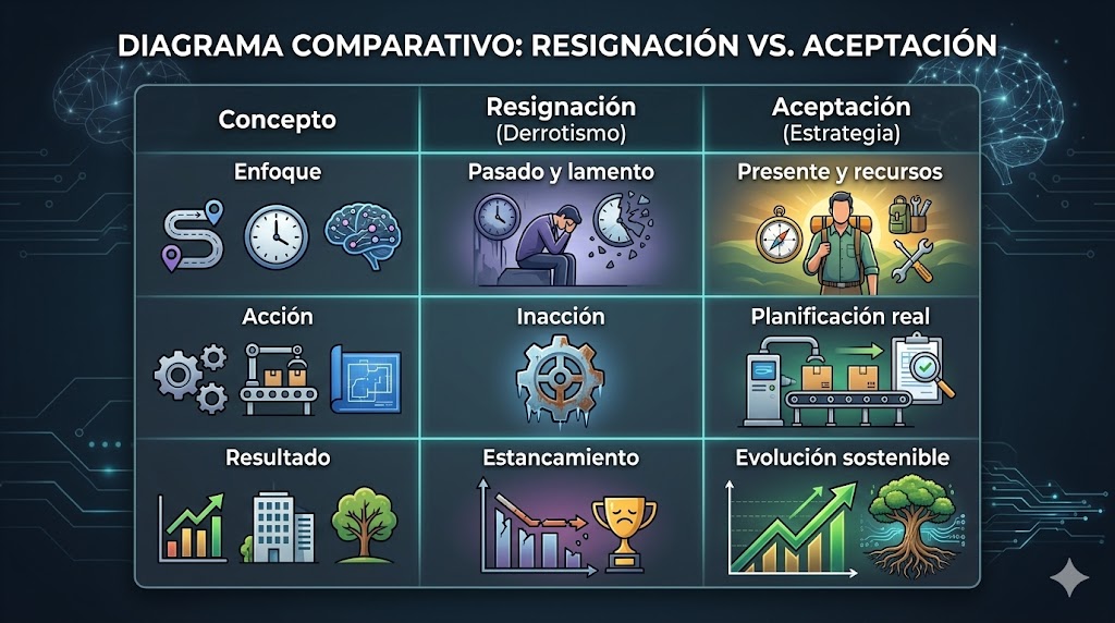 Infografía comparativa que diferencia la resignación o derrotismo (basado en el lamento, la inacción y el estancamiento) frente a la aceptación estratégica (centrada en los recursos del presente, la planificación real y la evolución sostenible). Infografía comparativa que diferencia la resignación o derrotismo (basado en el lamento, la inacción y el estancamiento) frente a la aceptación estratégica (centrada en los recursos del presente, la planificación real y la evolución sostenible).