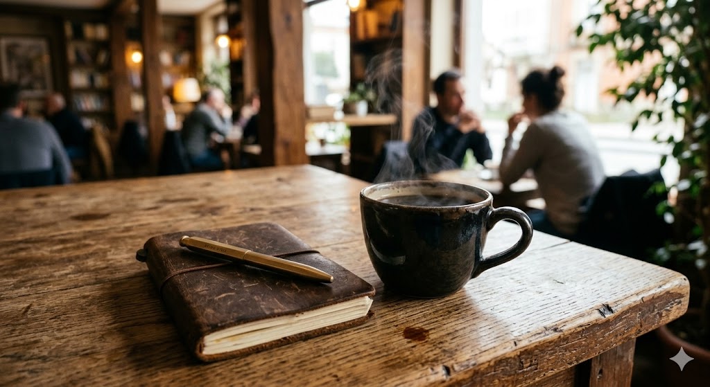 Taza de café humeante y cuaderno de cuero en una mesa de madera