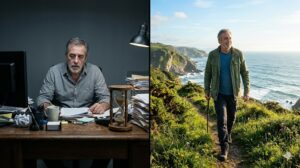 Hombre en dos ambientes: oficina desordenada y camino natural costero