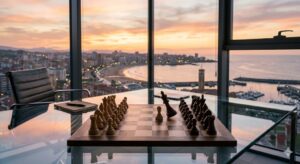 Tablero de ajedrez en una mesa con vista al mar y una ciudad iluminada al atardecer.