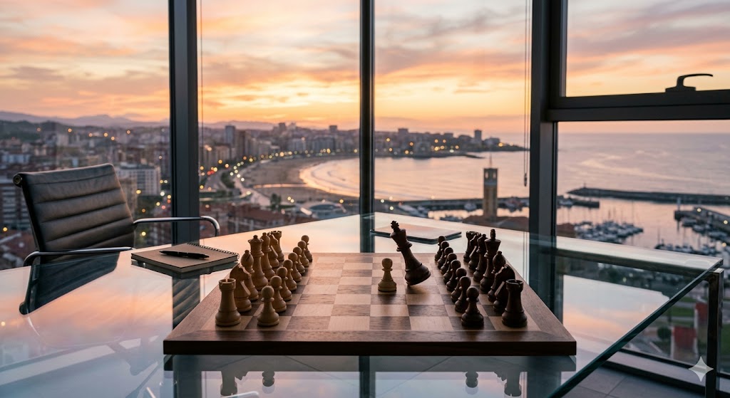 Tablero de ajedrez en una mesa con vista al mar y una ciudad iluminada al atardecer.