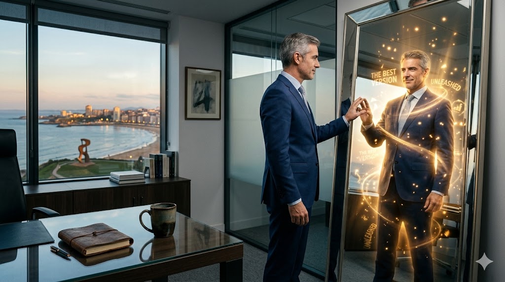 Hombre en traje frente a un espejo con reflejo iluminado