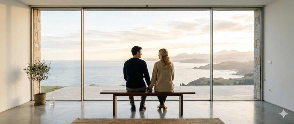 Pareja sentada en un banco frente a una ventana mostrando una vista del océano.