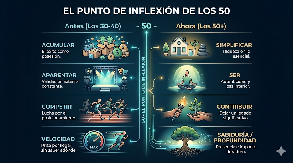 Infografía profesional comparativa de 'El punto de inflexión de los 50'. Muestra el cambio de prioridades 'Antes (Los 30-40)' (Acumular, Aparentar, Competir, Velocidad con iconos agitados) hacia 'Ahora (Los 50+)' (Simplificar, Ser, Contribuir, Sabiduría con iconos serenos). Una ilustración moderna de desarrollo personal y madurez para el blog de Jose Ignacio Mendez. Infografía profesional comparativa de 'El punto de inflexión de los 50'. Muestra el cambio de prioridades 'Antes (Los 30-40)' (Acumular, Aparentar, Competir, Velocidad con iconos agitados) hacia 'Ahora (Los 50+)' (Simplificar, Ser, Contribuir, Sabiduría con iconos serenos). Una ilustración moderna de desarrollo personal y madurez para el blog de Jose Ignacio Mendez.
