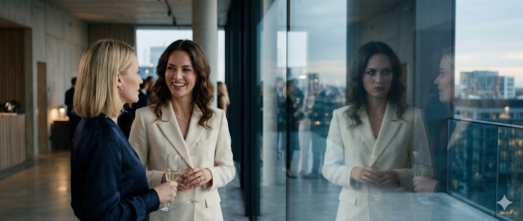 Dos mujeres conversan en un evento social, una de ellas sonriendo.