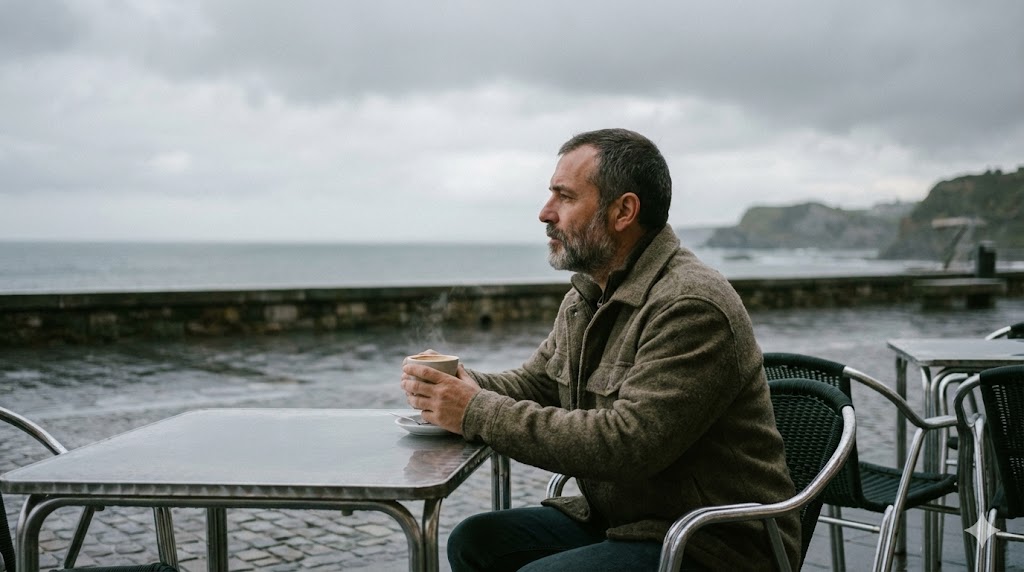 Hombre sosteniendo una taza de café en una mesa frente al mar