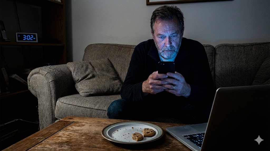 Hombre en sofá usando un teléfono móvil con una computadora cerca y galletas en un plato.