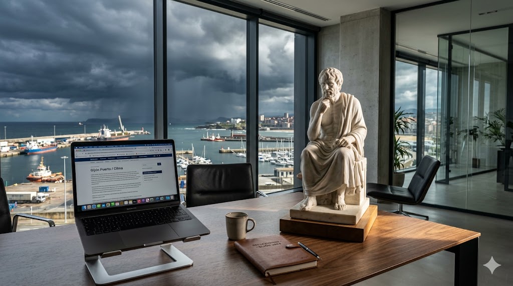 Oficina con laptop, escultura de filósofo y vista al puerto