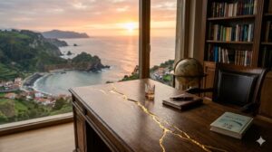 Escritorio de madera con vistas al océano y al atardecer.