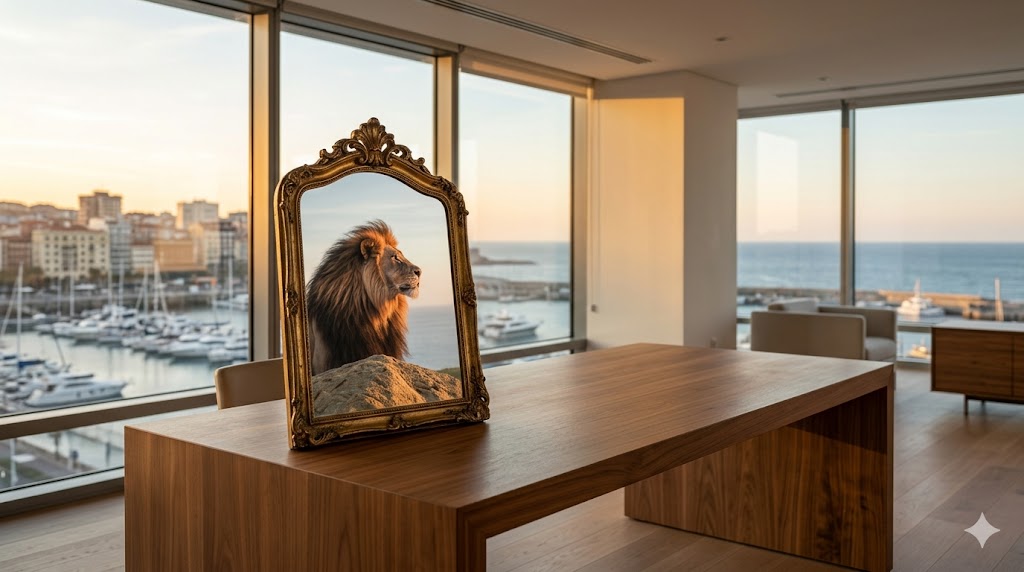 Espejo dorado con reflejo de un león en una habitación moderna