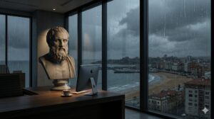 Busto de mármol en un escritorio frente a una ventana lluviosa.