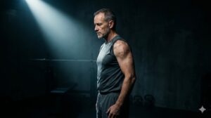 Hombre de pie en un gimnasio, con luz enfocada en su rostro.