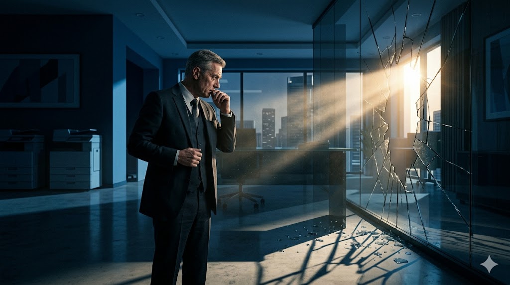 Hombre en traje contemplando una ventana rota en una oficina moderna.
