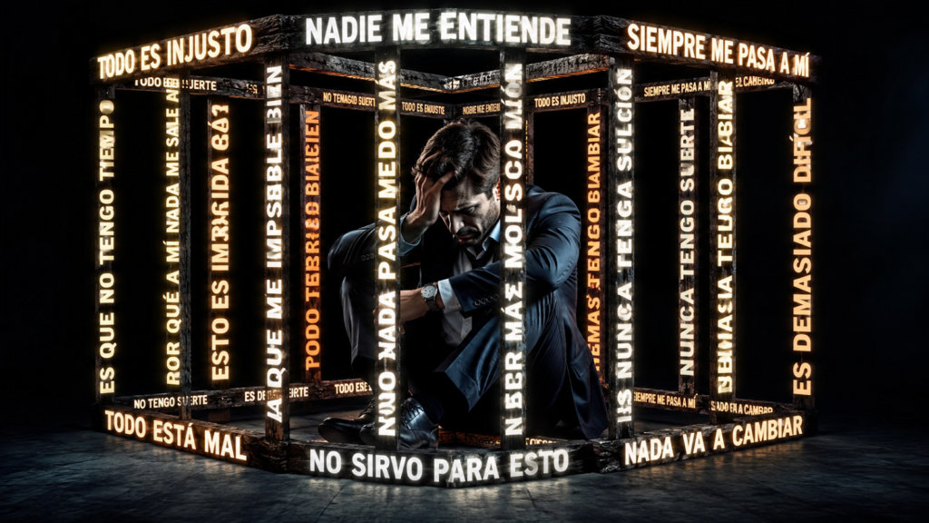 Hombre expresando angustia rodeado de frases negativas iluminadas.