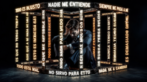 Hombre expresando angustia rodeado de frases negativas iluminadas.