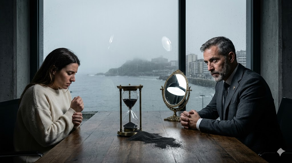 Mujer y hombre sentados frente a frente en una mesa, con un reloj de arena entre ellos y un paisaje brumoso visible por la ventana.