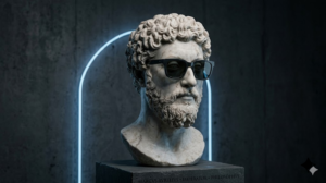 Busto de mármol con barba y gafas, iluminado por neón