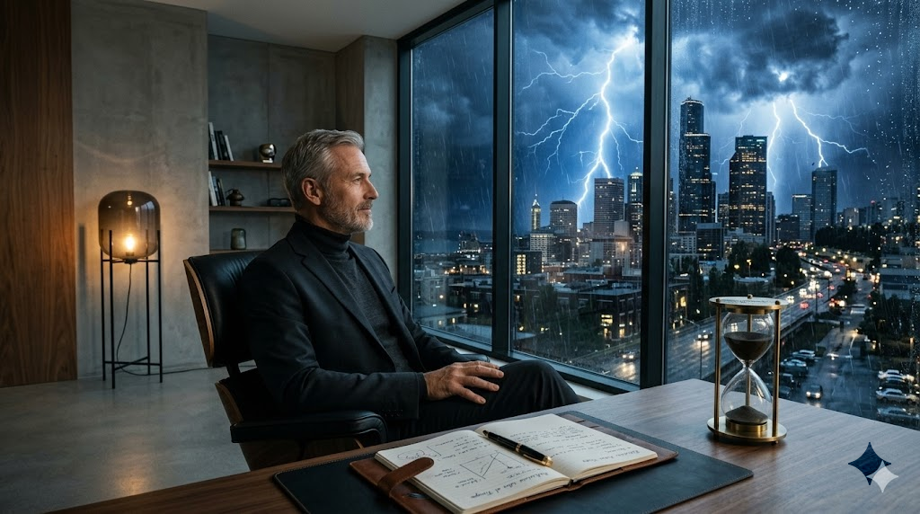 Hombre con cabello canoso en oficina moderna observando una tormenta