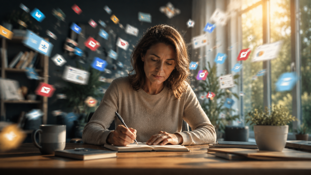 Mujer escribiendo con íconos de redes sociales de fondo