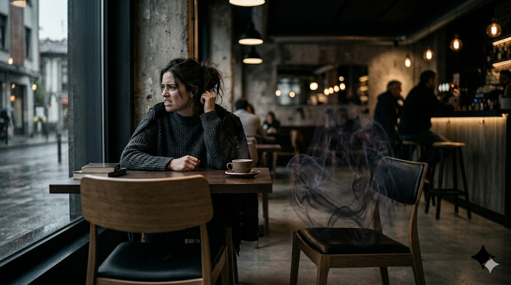 Mujer sentada con expresión pensativa en una cafetería.